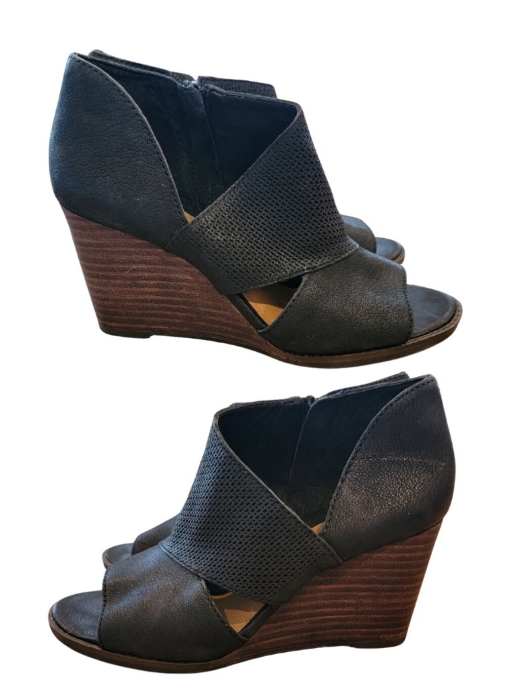 Lucky Brand Black Leather Jedrek Peep Toe Wedge Heel Shoes